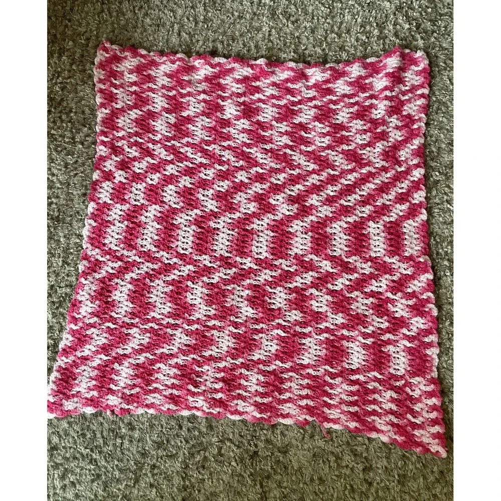 Handmade Crochet Baby Blanket Pink White Variegated Wave Pattern 34x34 Square
